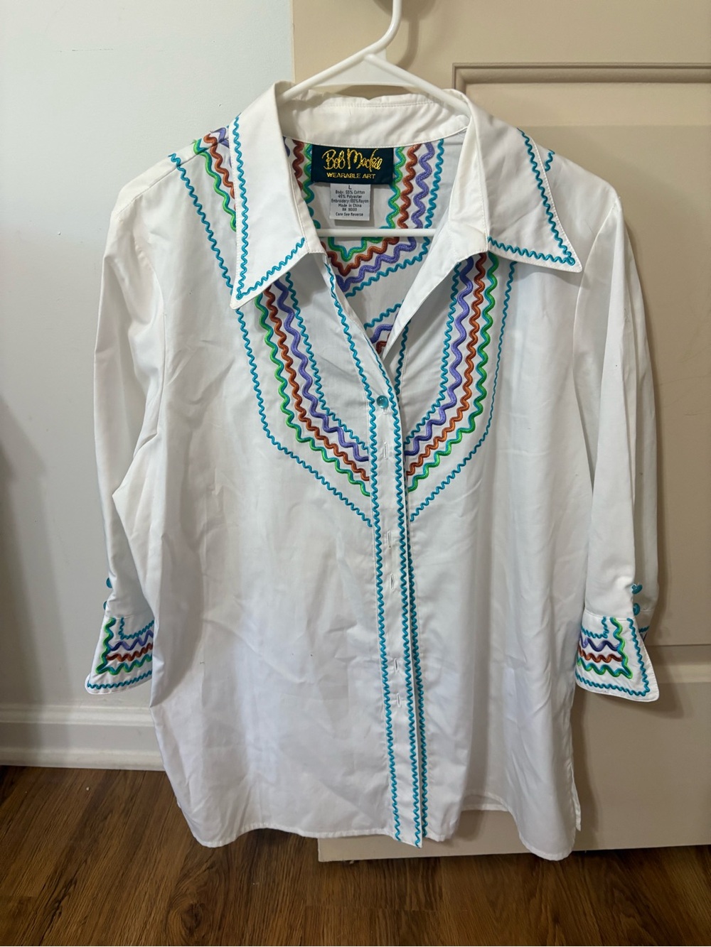 Bob Mackie White Button-Down Shirt with Multicolor Zigzag Trim